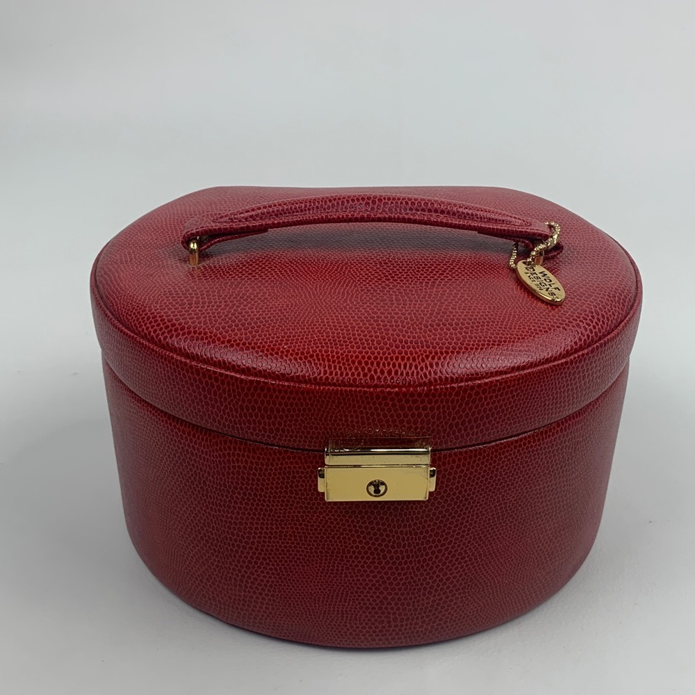 Wolf Designs Red Leather Jewelry Case Top Handle Gold charm Pockets Extra case